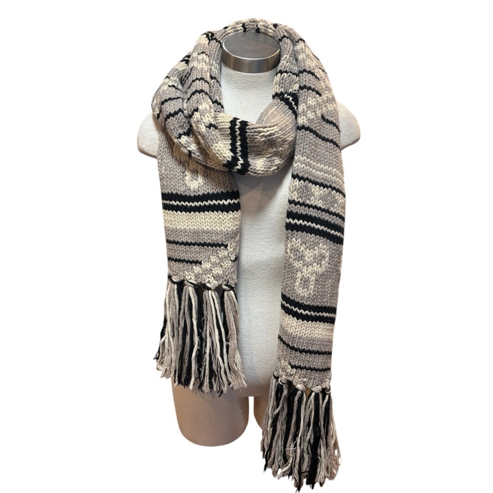 TNA Sea to Sky Scarf Chunky Knit Lambswool Gray Black Ivory Fringe RARE - Picture 5 of 7